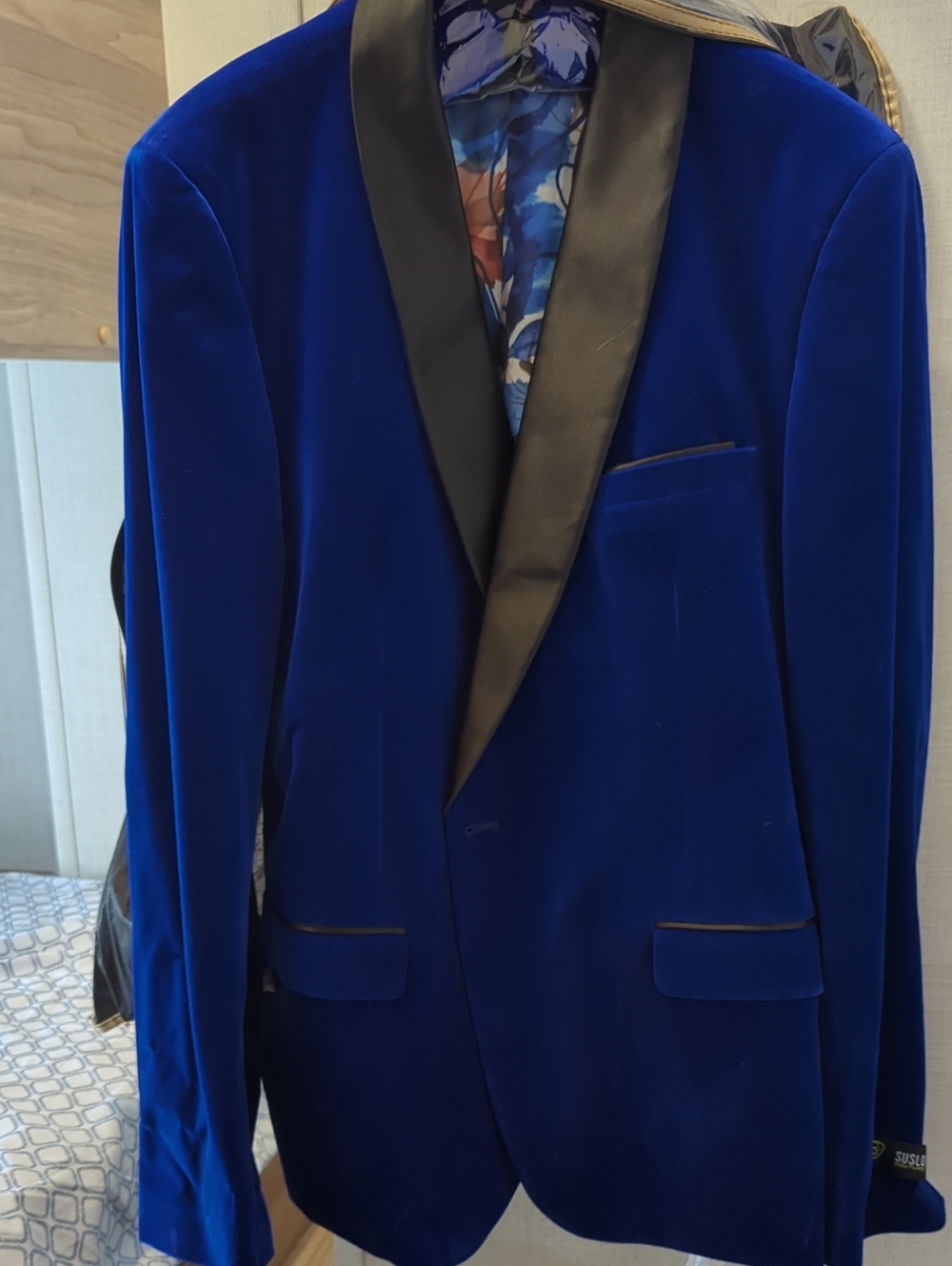 Bold Blue Velvet Tuxedo Jacket with Black Satin Shawl Lapel